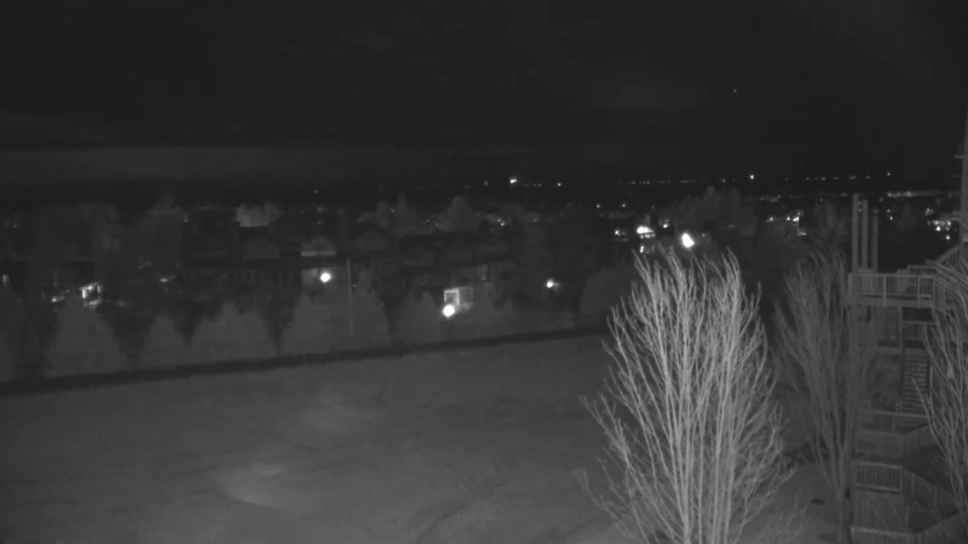 A nighttime, low-light view shows a snow-covered field, bare trees, and a distant residential area with faint lights under a dark sky.