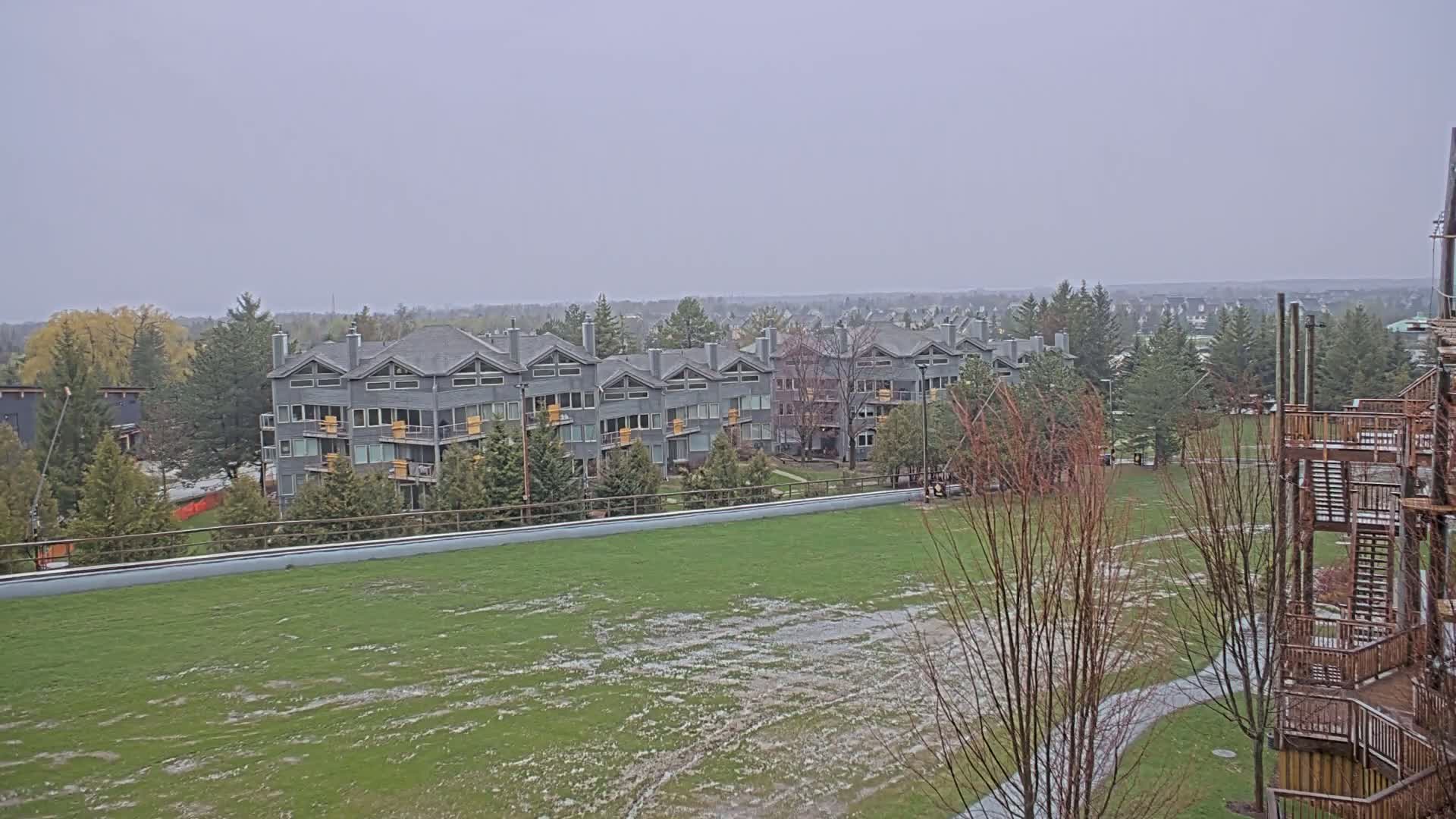 A row of gray buildings is visible beyond a large, wet, grassy field, under an overcast sky.