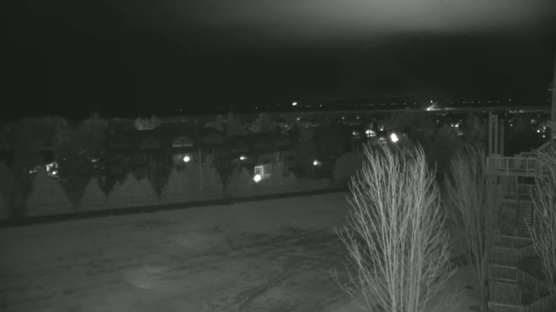 A nighttime, low-light view shows a snow-covered residential area with sparsely-leafed trees and a portion of a multi-level deck in the foreground.