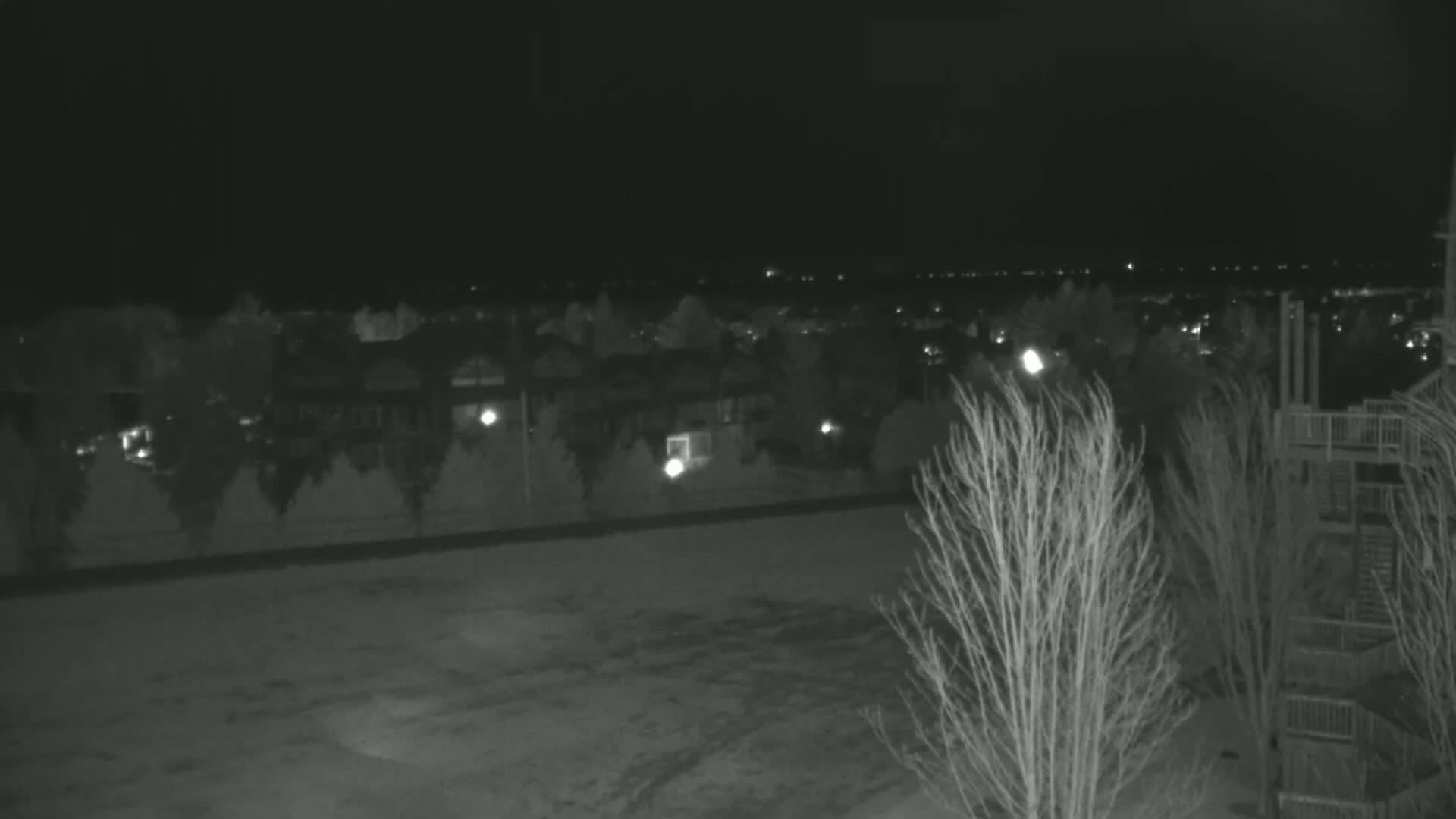 A nighttime view of a residential area with bare trees, houses, and distant lights under a dark sky.