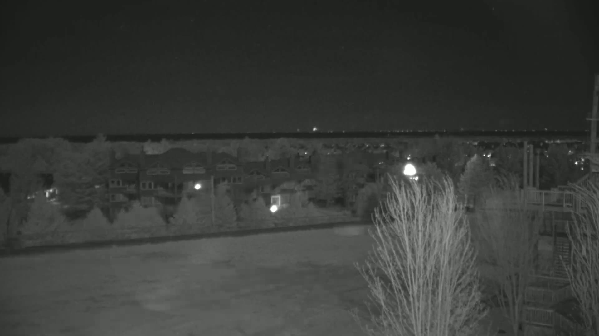 A nighttime view of a residential area with houses and trees, under a clear sky.