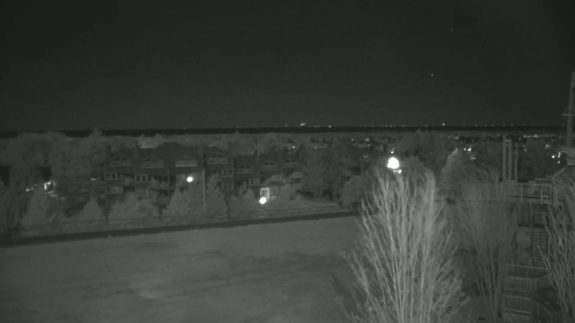 A nighttime, low-light view shows a row of houses beyond a field, with trees and a distant city skyline visible under a clear sky.