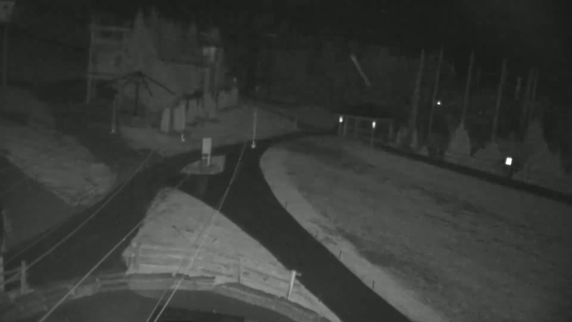 A nighttime, low-light view of a paved road curving through a sparsely vegetated area.