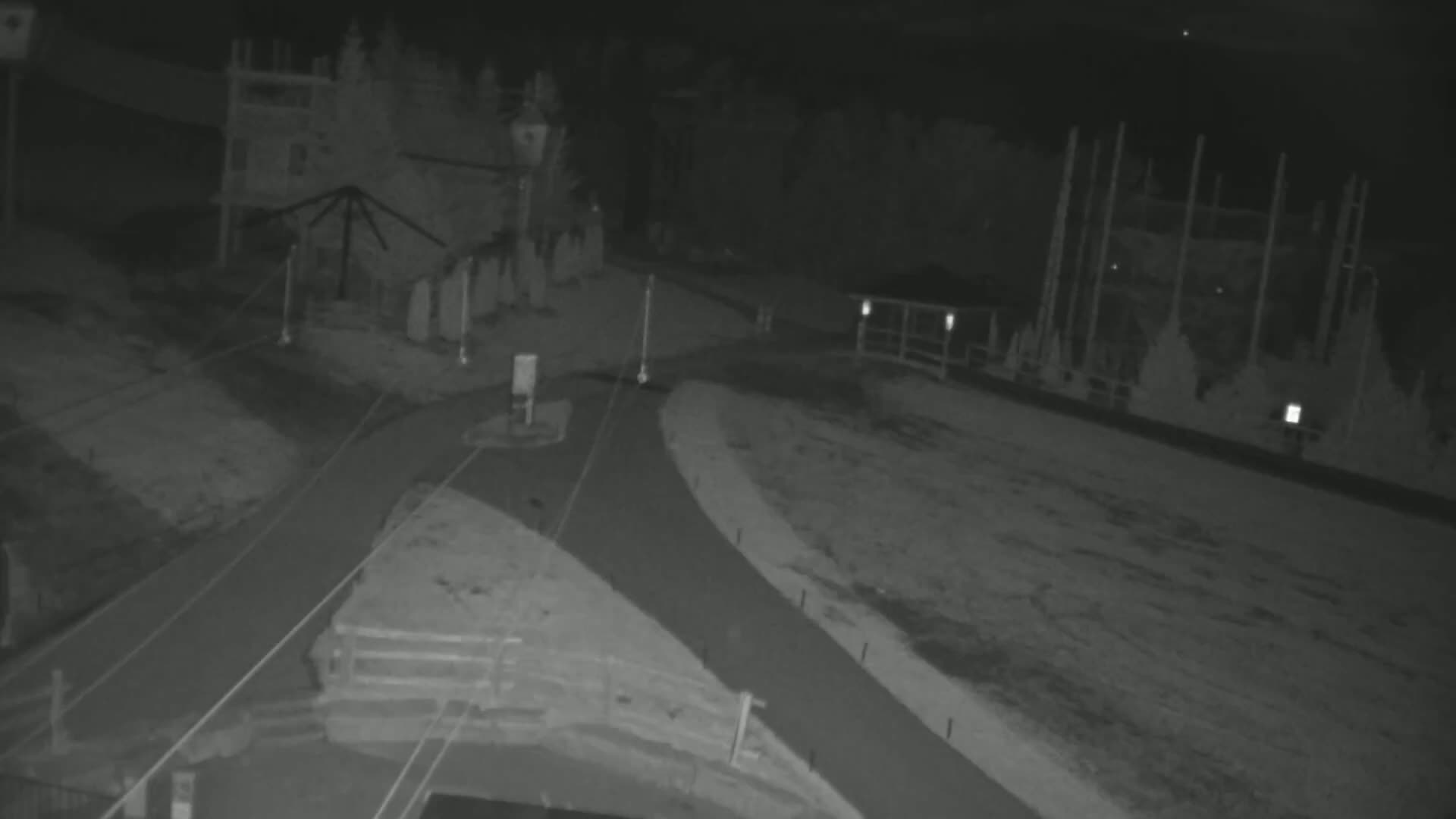 A nighttime, infrared view shows a paved pathway curving through a sparsely-lit area with some buildings and trees.