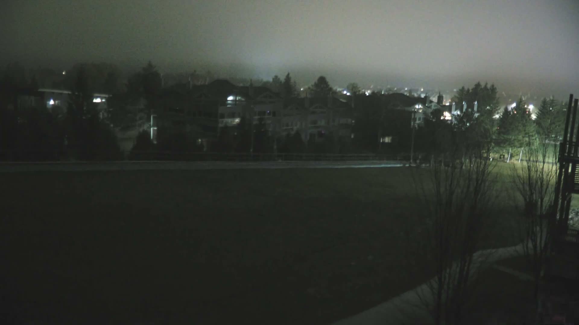 A residential area is dimly visible through the night fog, featuring numerous illuminated houses and trees from an elevated perspective overlooking a dark field.