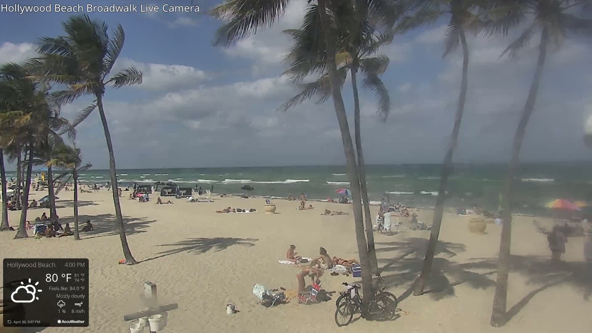 A mostly cloudy beach scene shows a sandy shore with people sunbathing and swimming in the ocean, under a partly sunny sky with palm trees in the foreground.