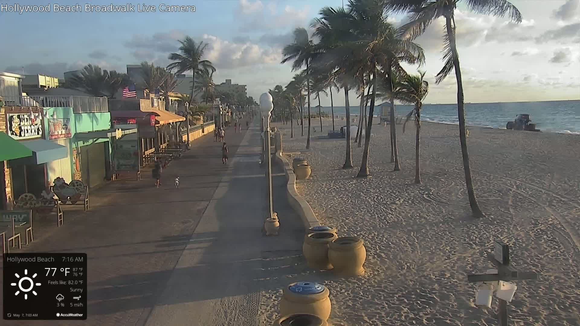 A sunny beach boardwalk scene shows palm trees lining a sandy beach with a few people walking along the paved walkway past beachfront shops and restaurants.