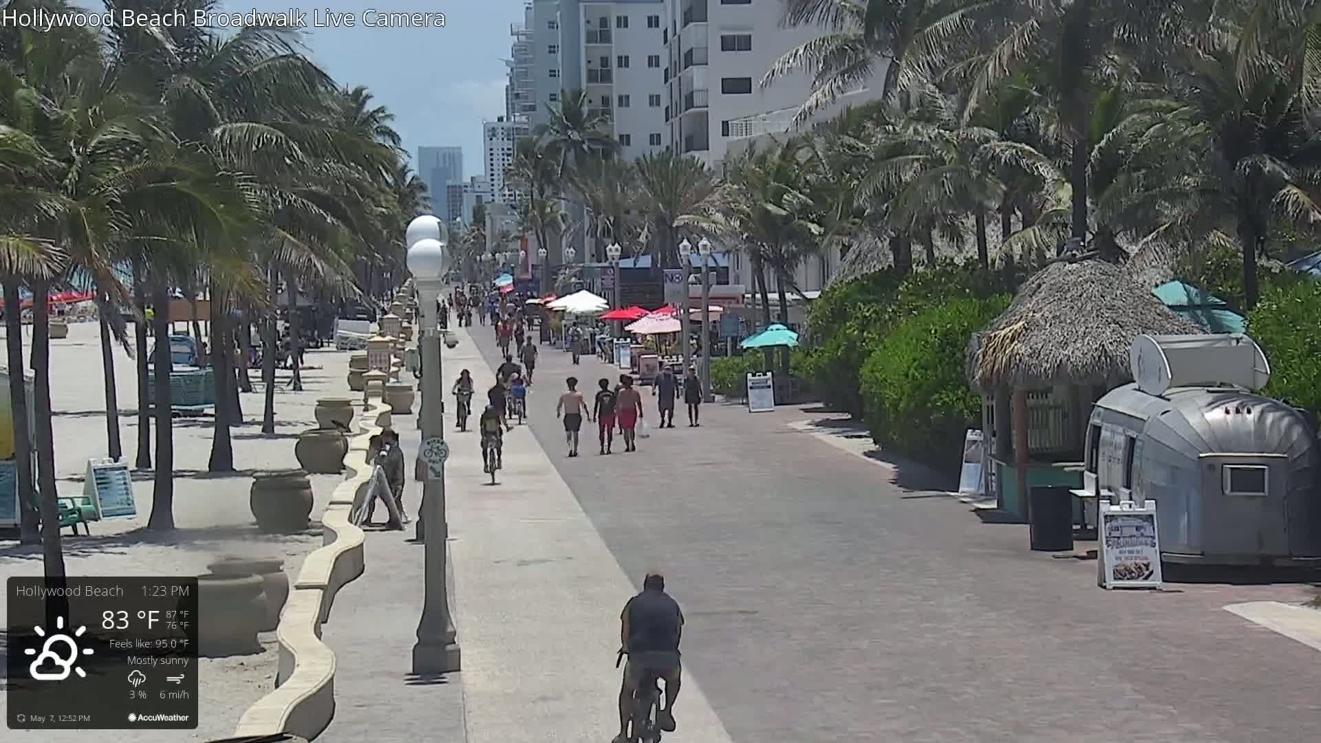 A mostly sunny beach boardwalk with people walking, biking, and sitting under umbrellas.