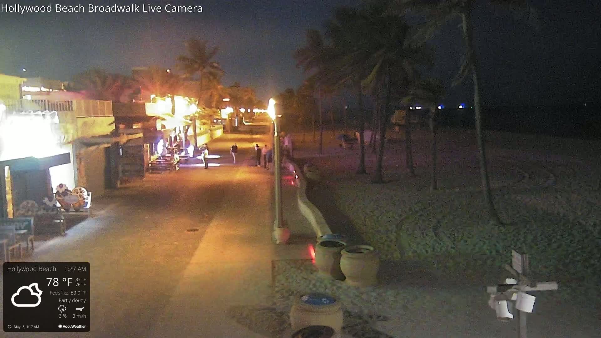 A nighttime, partly cloudy scene shows a beach boardwalk with a few people walking, palm trees lining the path, and a sandy beach beyond.