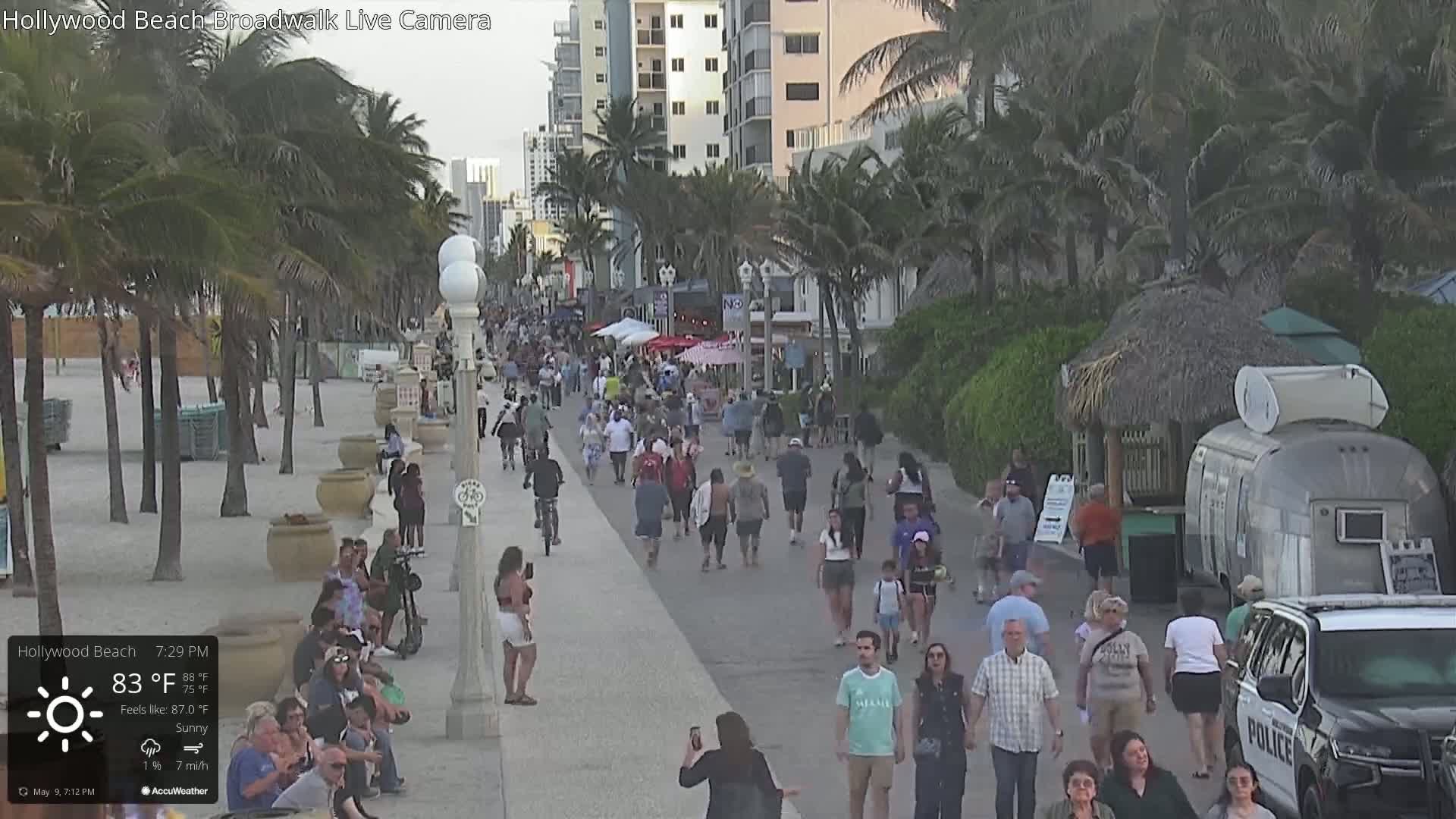 A sunny boardwalk scene shows many people walking along a beachfront path lined with palm trees, buildings, and small shops.
