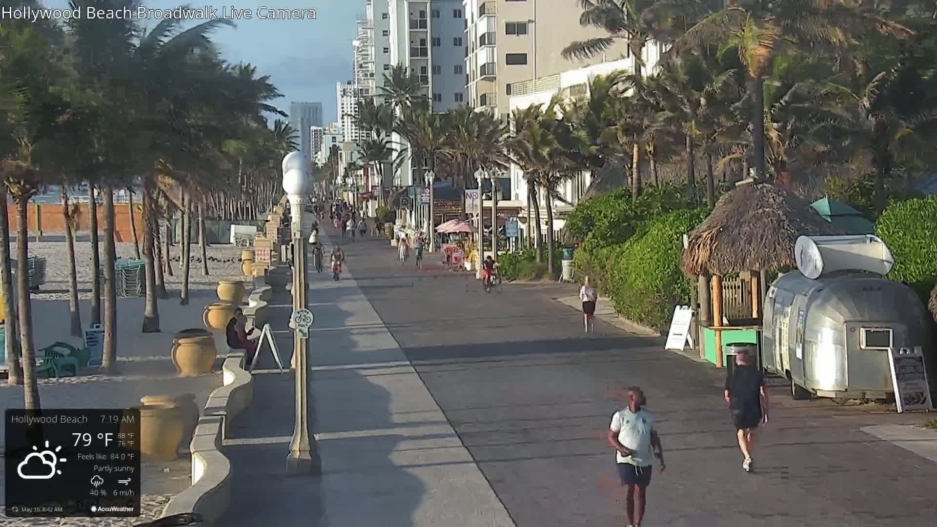 A partly sunny boardwalk scene shows people walking along a paved path beside a beach with palm trees and beachside buildings under a partly sunny sky.