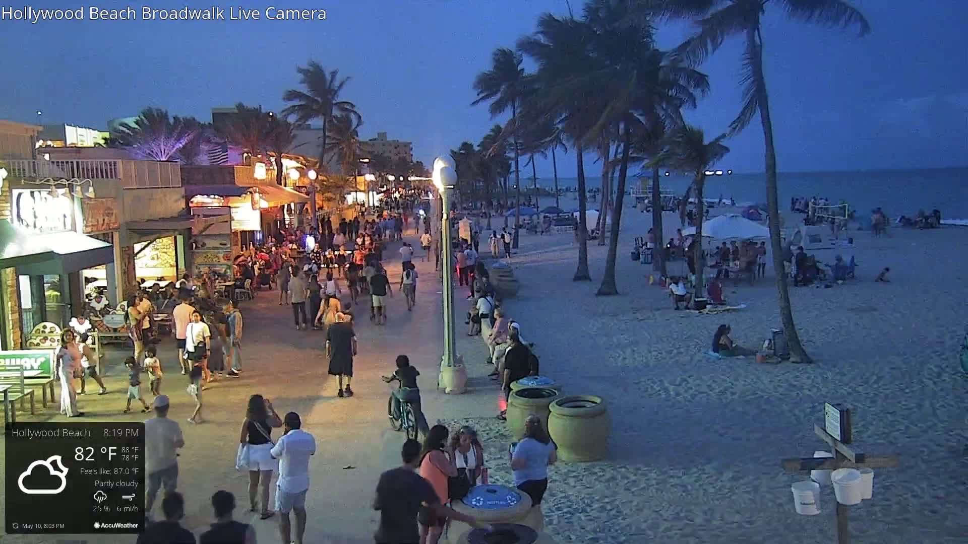 A partly cloudy evening scene shows a bustling boardwalk lined with shops and restaurants, leading to a sandy beach with people relaxing and playing under a twilight sky.