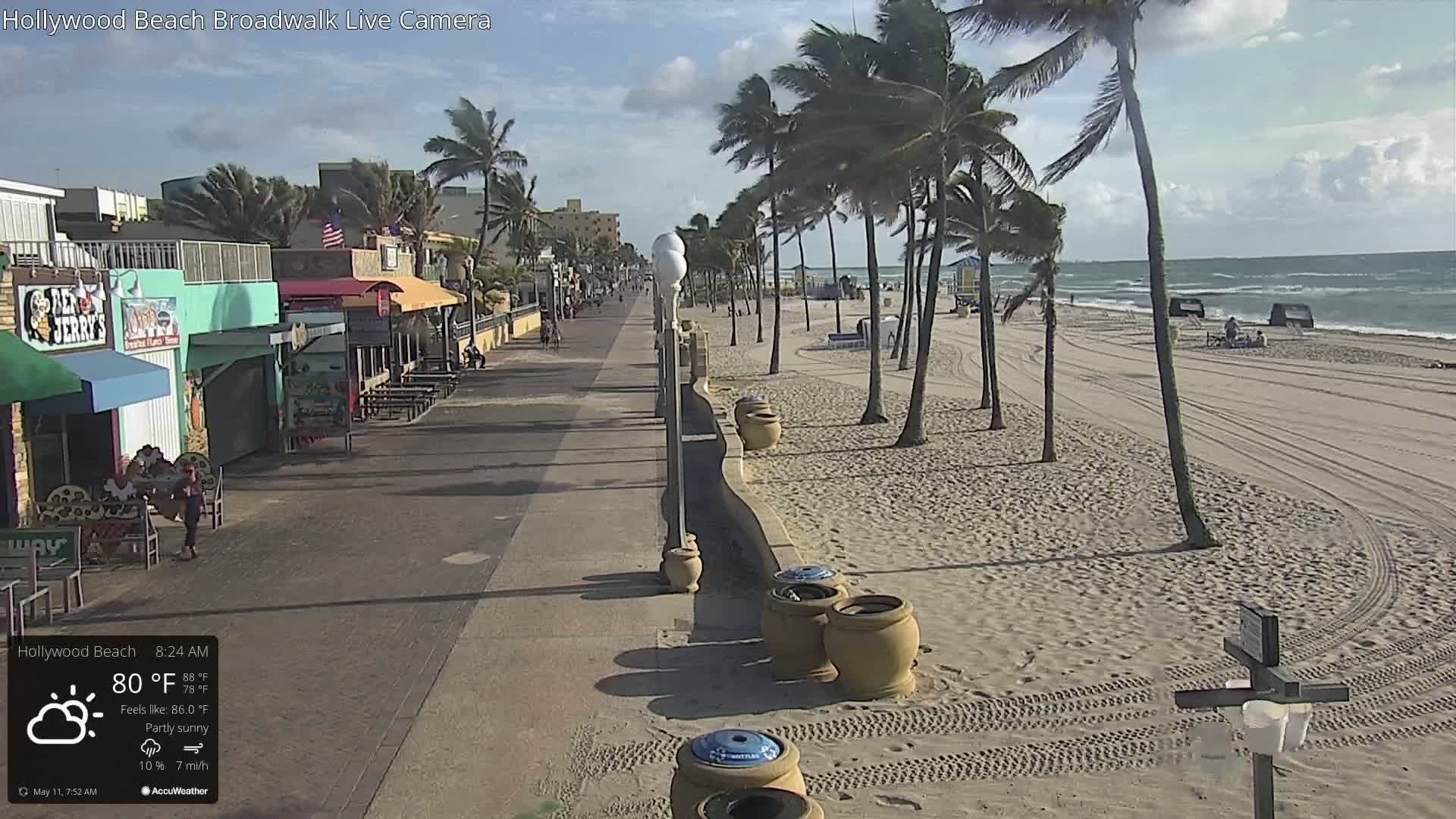 A partly sunny beach boardwalk scene with palm trees, beachgoers, and ocean waves under a partly cloudy sky.