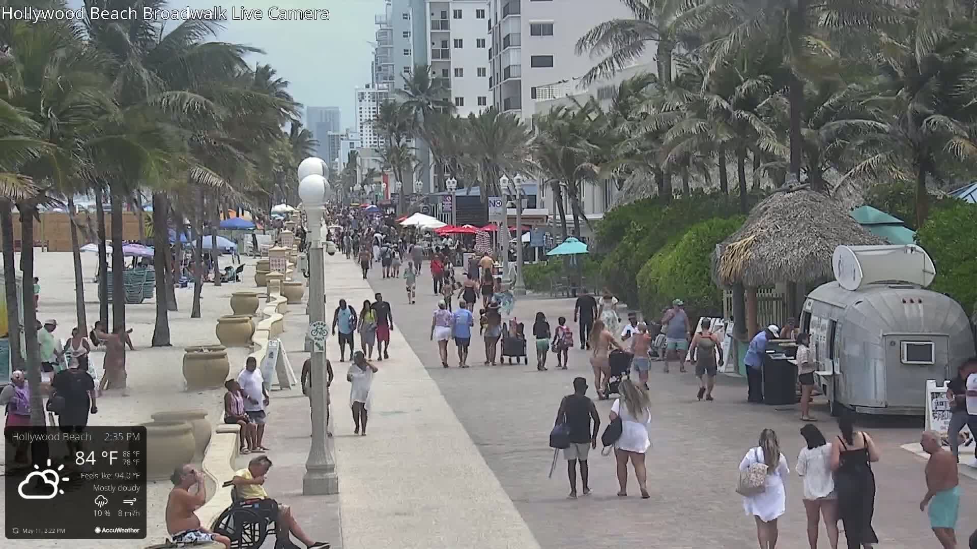 A mostly cloudy beach boardwalk scene shows many people walking, some on the beach and others along a paved path lined with palm trees, buildings, and small food vendors.
