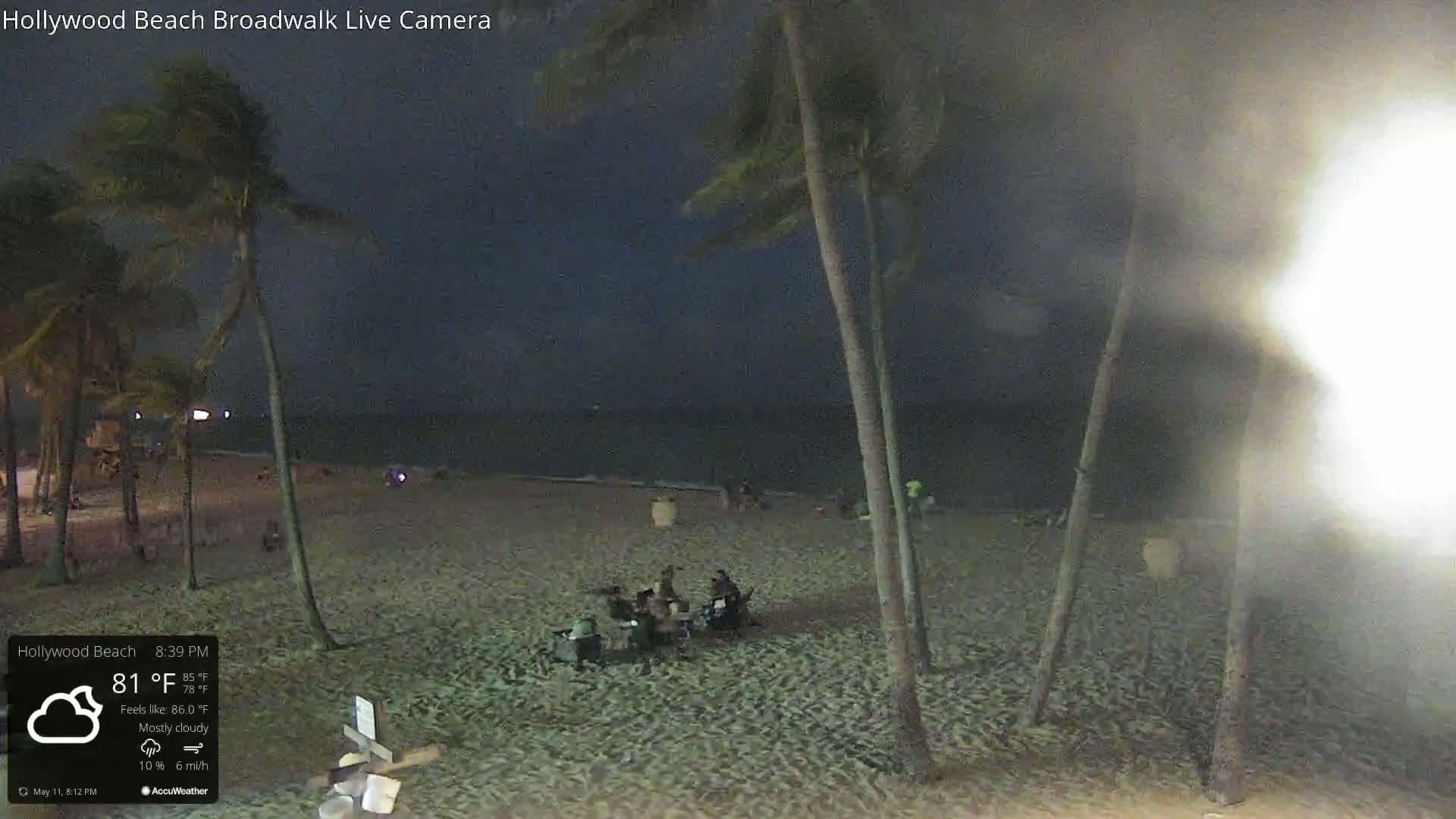 A mostly cloudy night scene shows a sandy beach with palm trees, a few people sitting near the water, and a bright light obscuring part of the view.