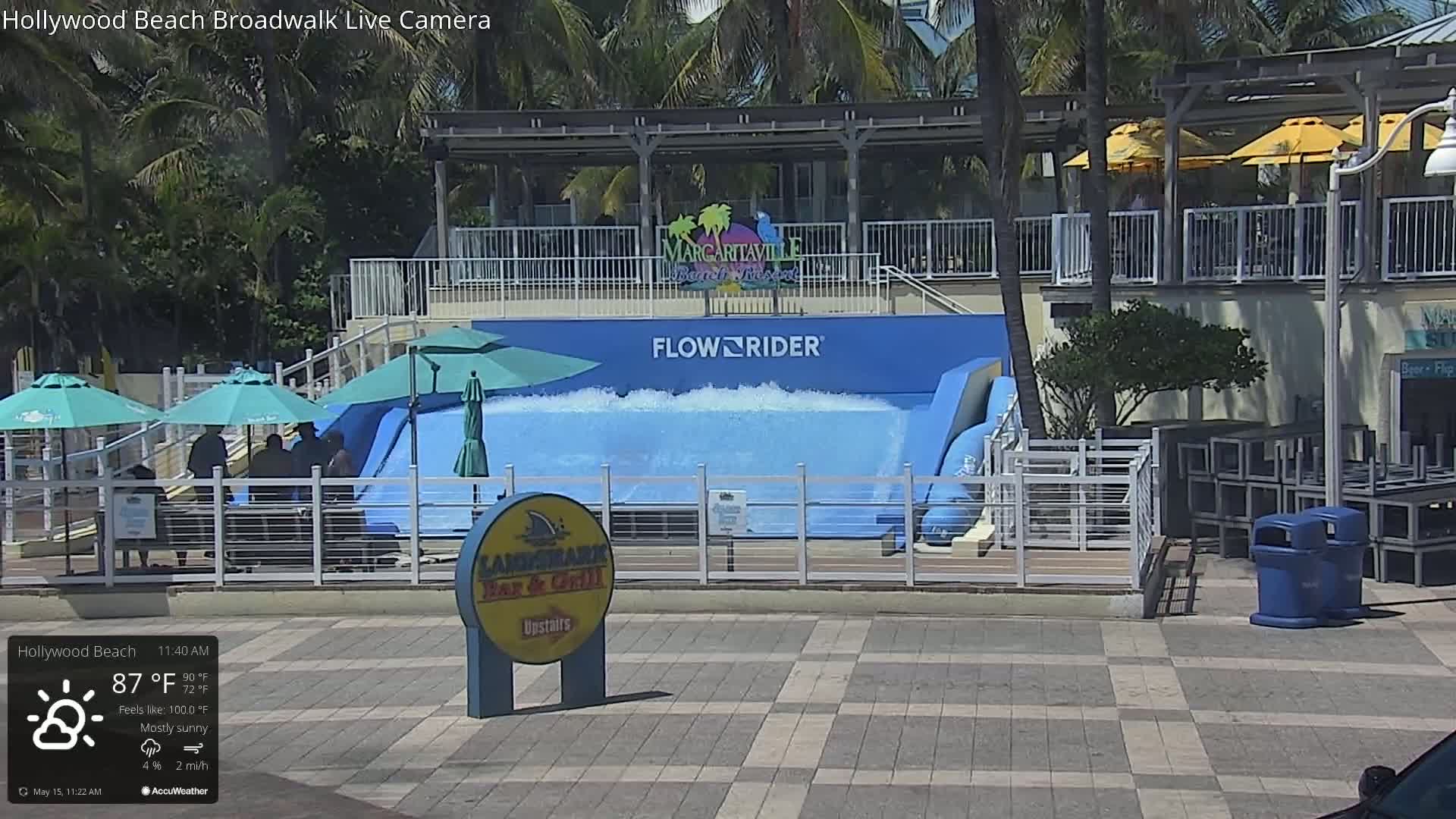 A FlowRider surf simulator with people standing nearby is surrounded by umbrellas and outdoor seating under a mostly sunny sky.