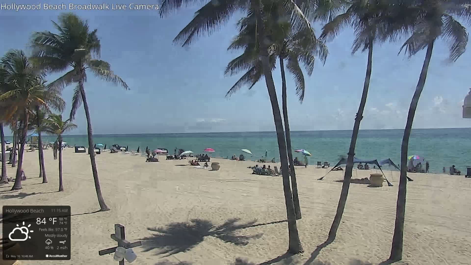 A mostly cloudy day at a sandy beach shows palm trees, people relaxing under umbrellas, and calm ocean water.