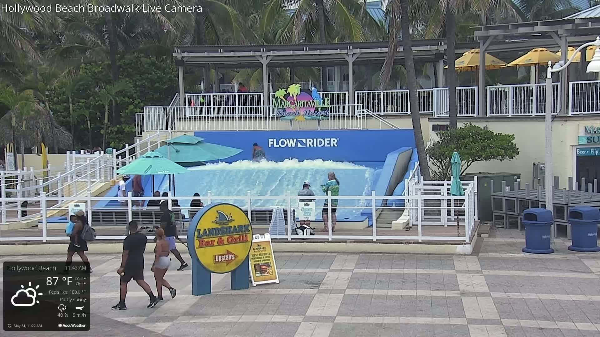 A partly sunny outdoor scene shows a FlowRider surf simulator with several people using it and others walking nearby on a tiled plaza.