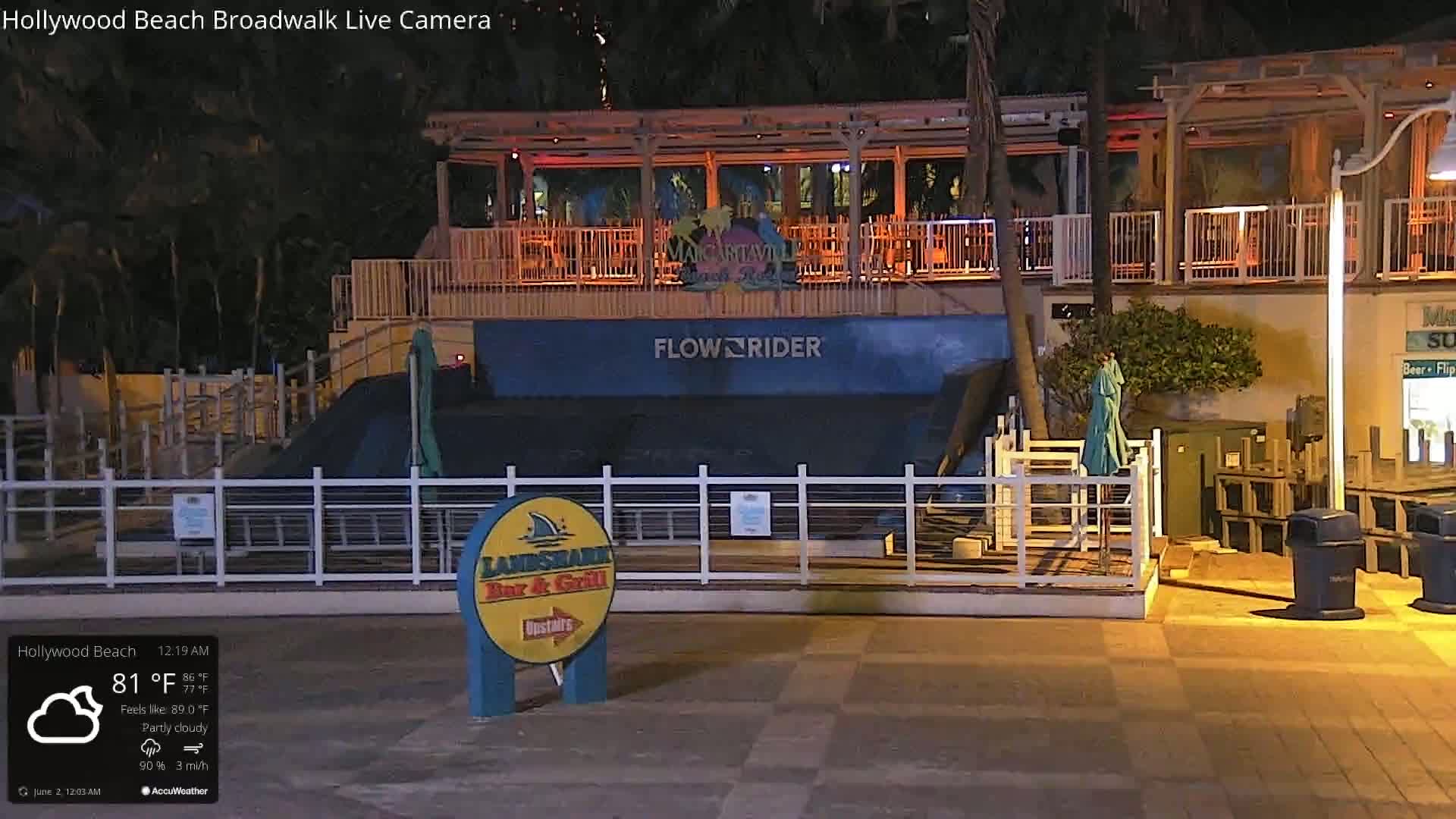 A nighttime, partly cloudy scene shows a FlowRider attraction next to a bar and grill, all enclosed by a white fence.