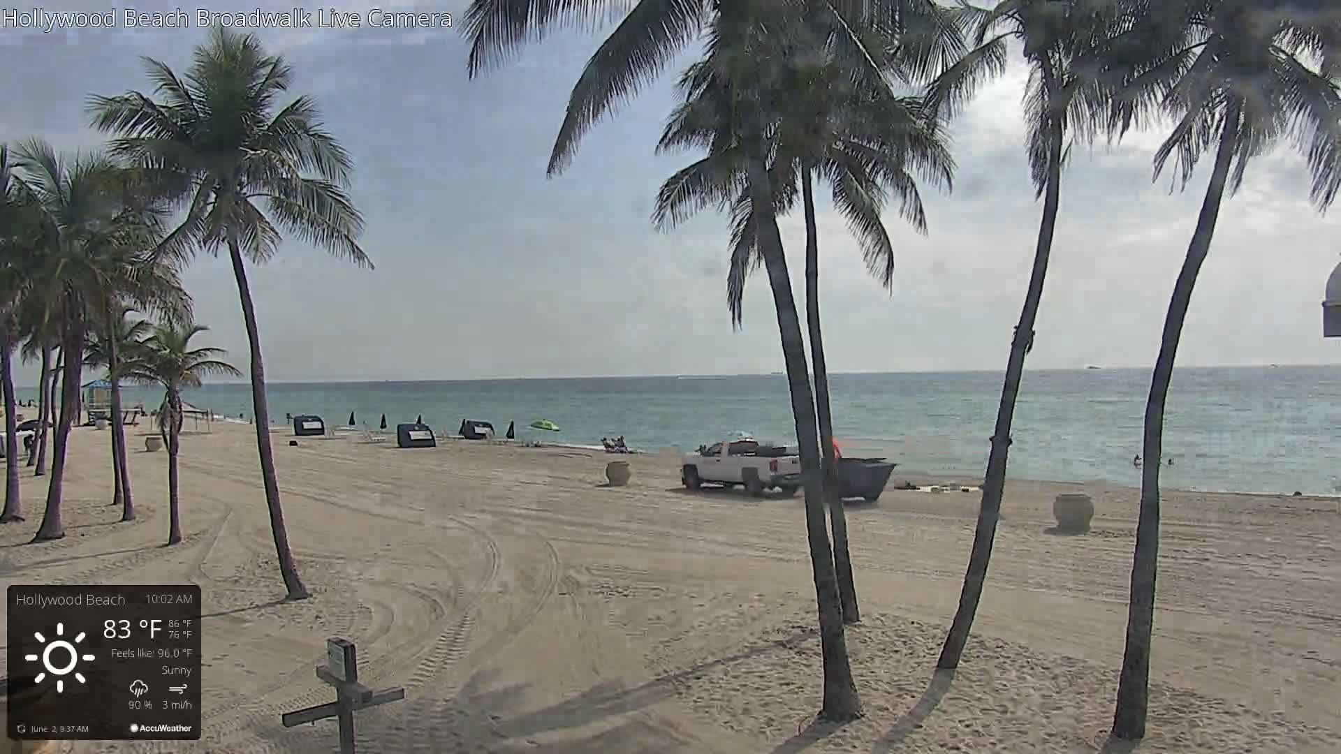 A sunny beach scene shows a sandy shore with palm trees, a calm ocean, and a parked truck.