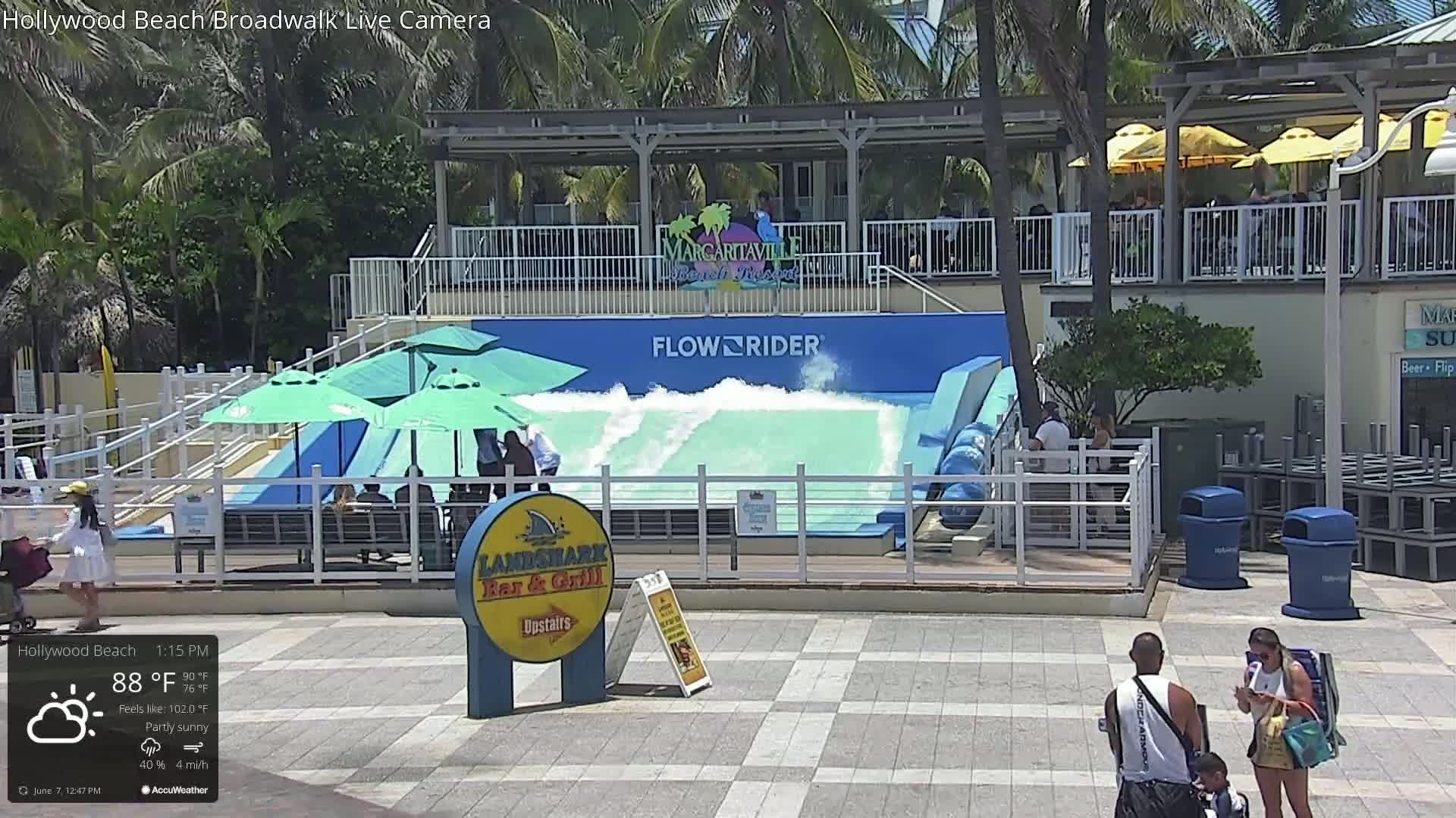 A FlowRider artificial wave machine is generating waves, with several people nearby under partly sunny skies.