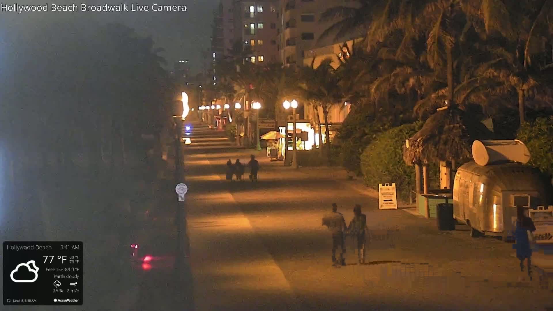 A nighttime, partly cloudy scene shows a boardwalk with several people walking under streetlights, palm trees, and small vendor stalls.