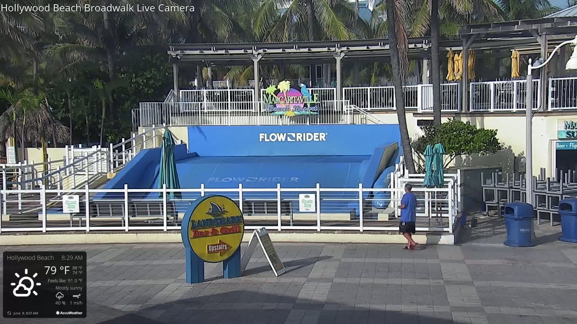 A mostly sunny day shows a FlowRider surf simulator next to a boardwalk with a man walking by, under a mostly sunny sky.