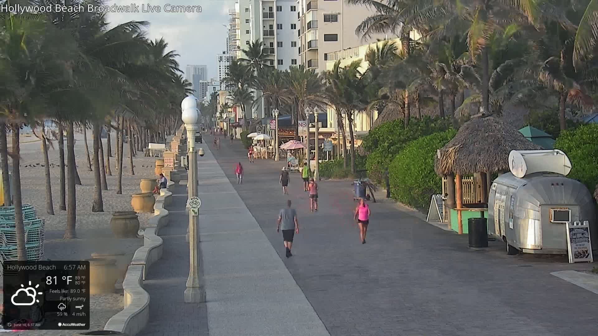 A partly sunny morning scene shows a beach boardwalk with people walking, palm trees lining the beach, and beachfront buildings.
