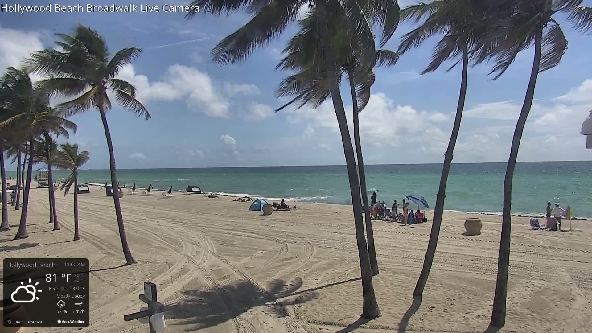 A mostly cloudy day with a light breeze shows palm trees swaying over a sandy beach with scattered people and calm ocean waves.