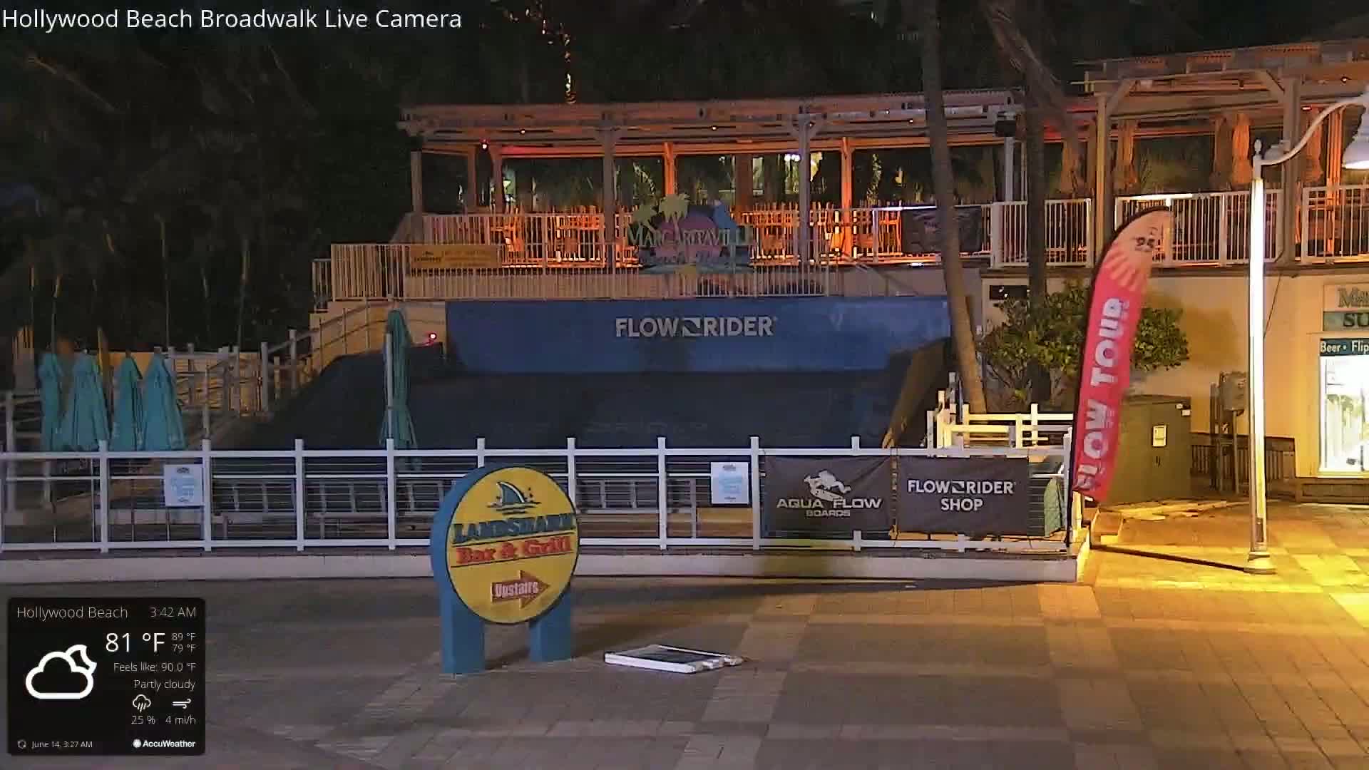 A partly cloudy night scene shows a boardwalk area with a FlowRider, bar and grill, and shops; several teal umbrellas are folded.