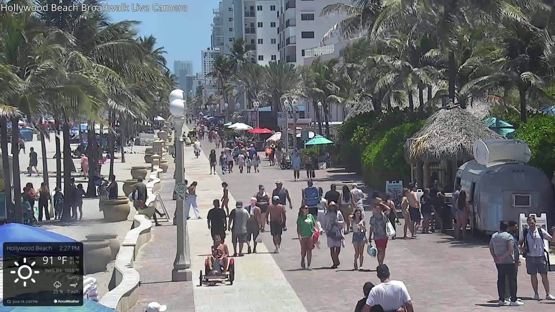 A sunny beach boardwalk with many people walking and sitting, palm trees, and beachside buildings in the background.