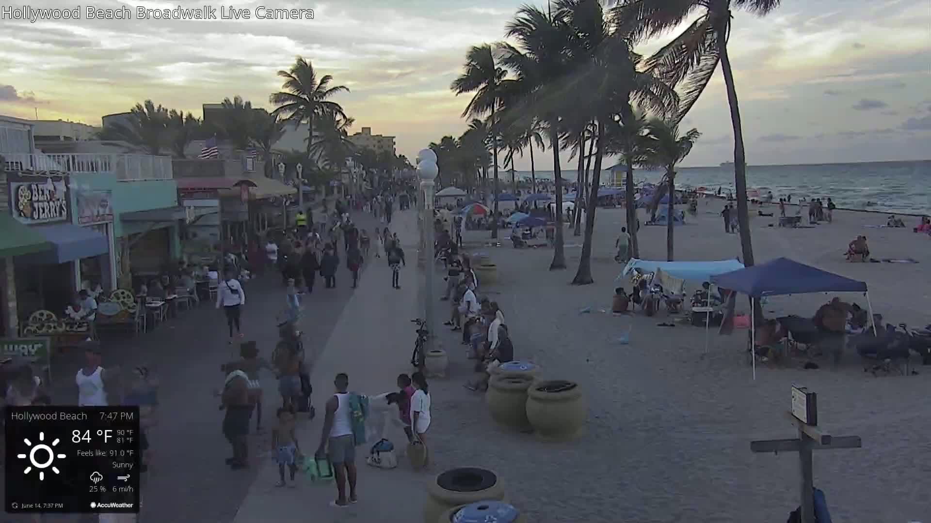 A sunny beach boardwalk with many people walking and sitting, palm trees, and beachside buildings in the background.