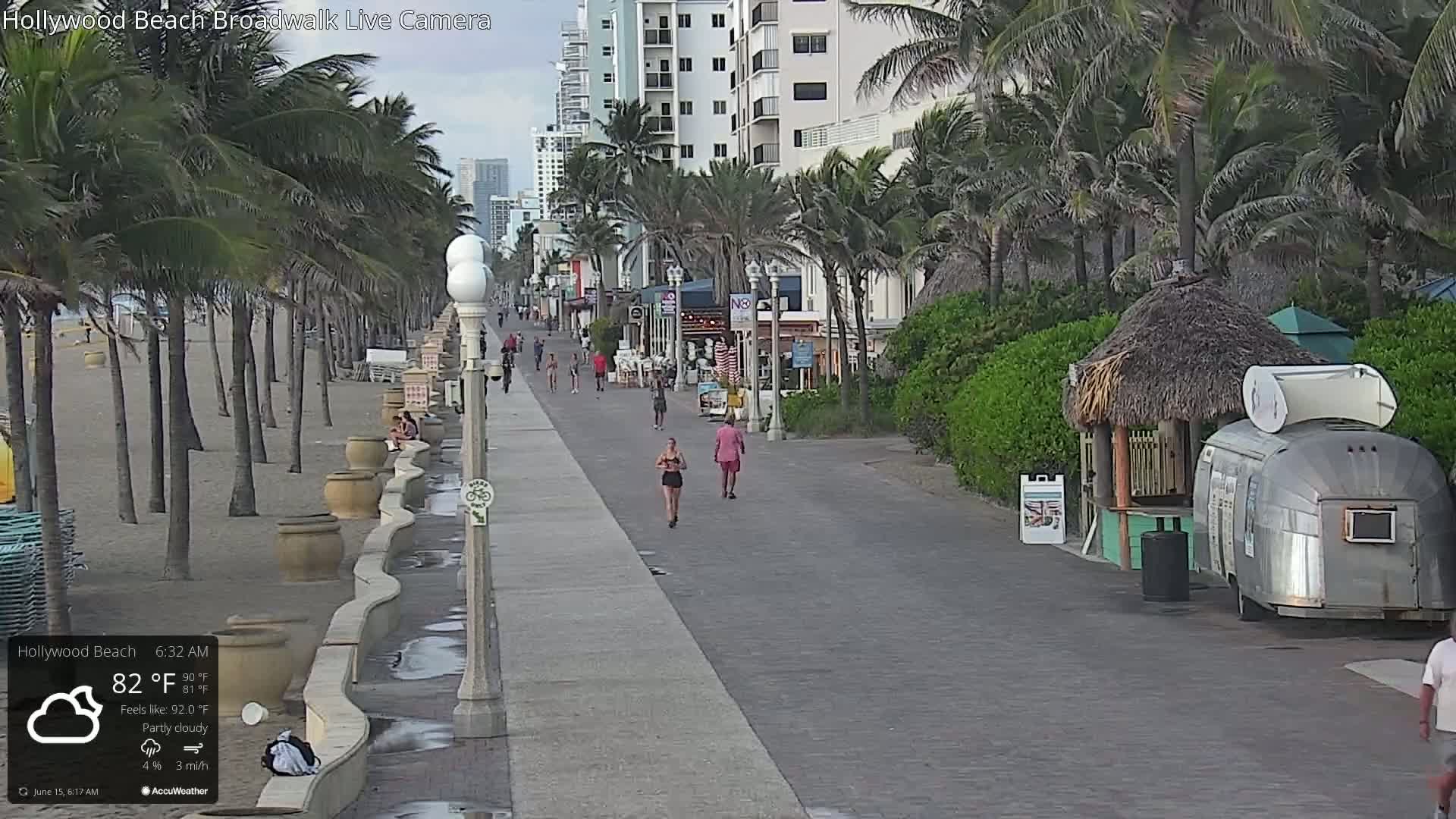 A partly cloudy morning scene shows a beachfront boardwalk with palm trees, beachgoers, and buildings in the background.