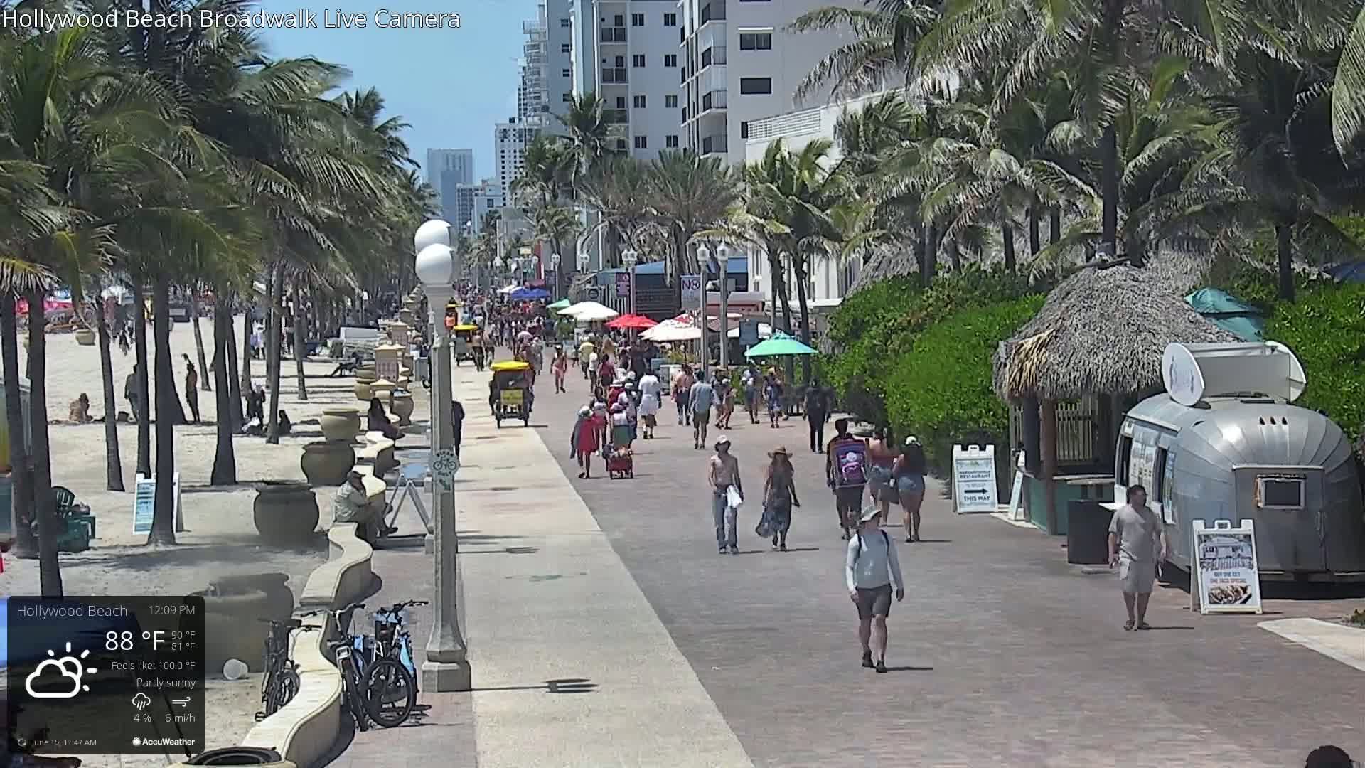 A sunny beach boardwalk with palm trees, many people walking, and beach umbrellas on a partly sunny day.