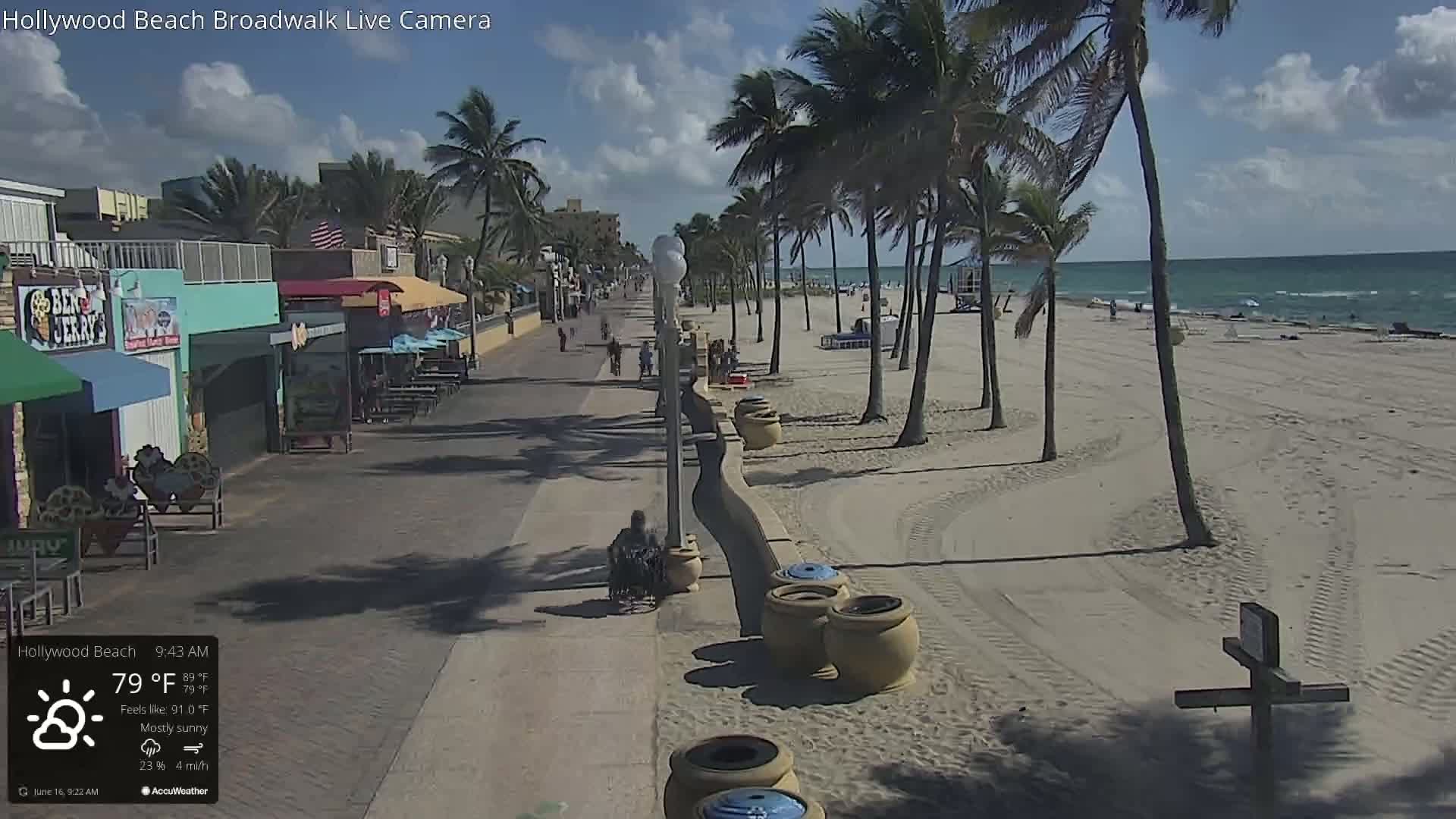 A mostly sunny beach scene shows a boardwalk lined with shops and palm trees leading to a sandy beach with ocean waves under a partly cloudy sky.