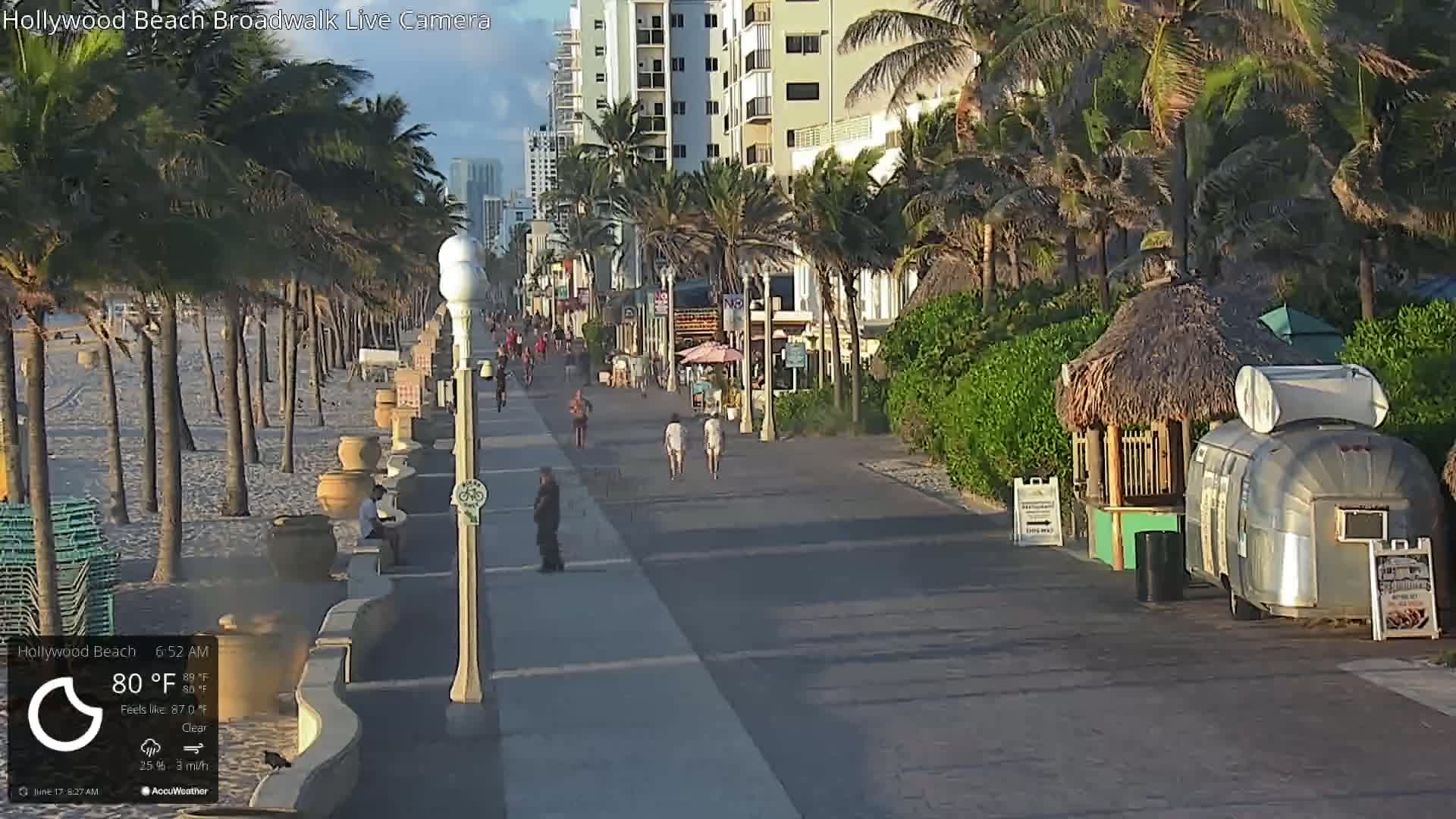 A boardwalk along a beach with palm trees and beachfront buildings, under a clear sky on a warm, sunny morning.