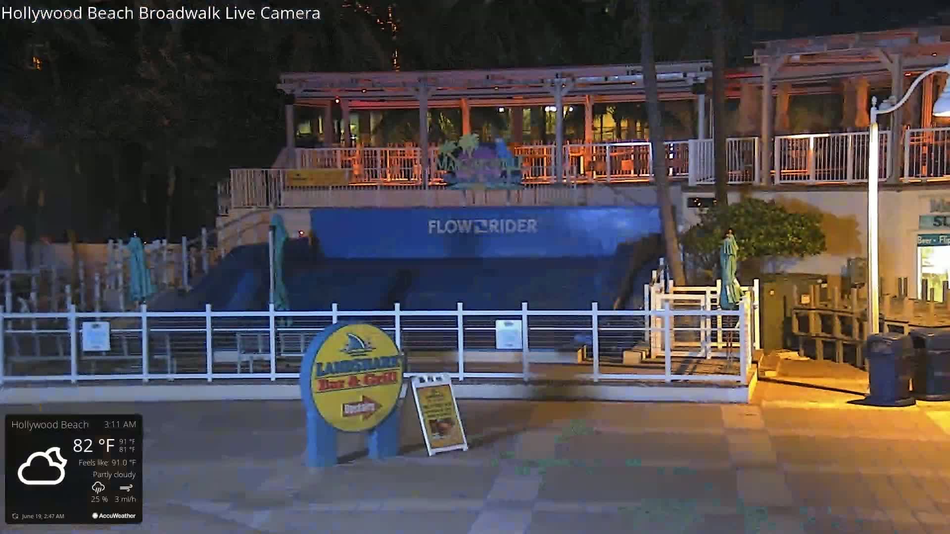 A partly cloudy nighttime scene shows a FlowRider wave machine enclosed by a white fence, situated near a building with outdoor seating.