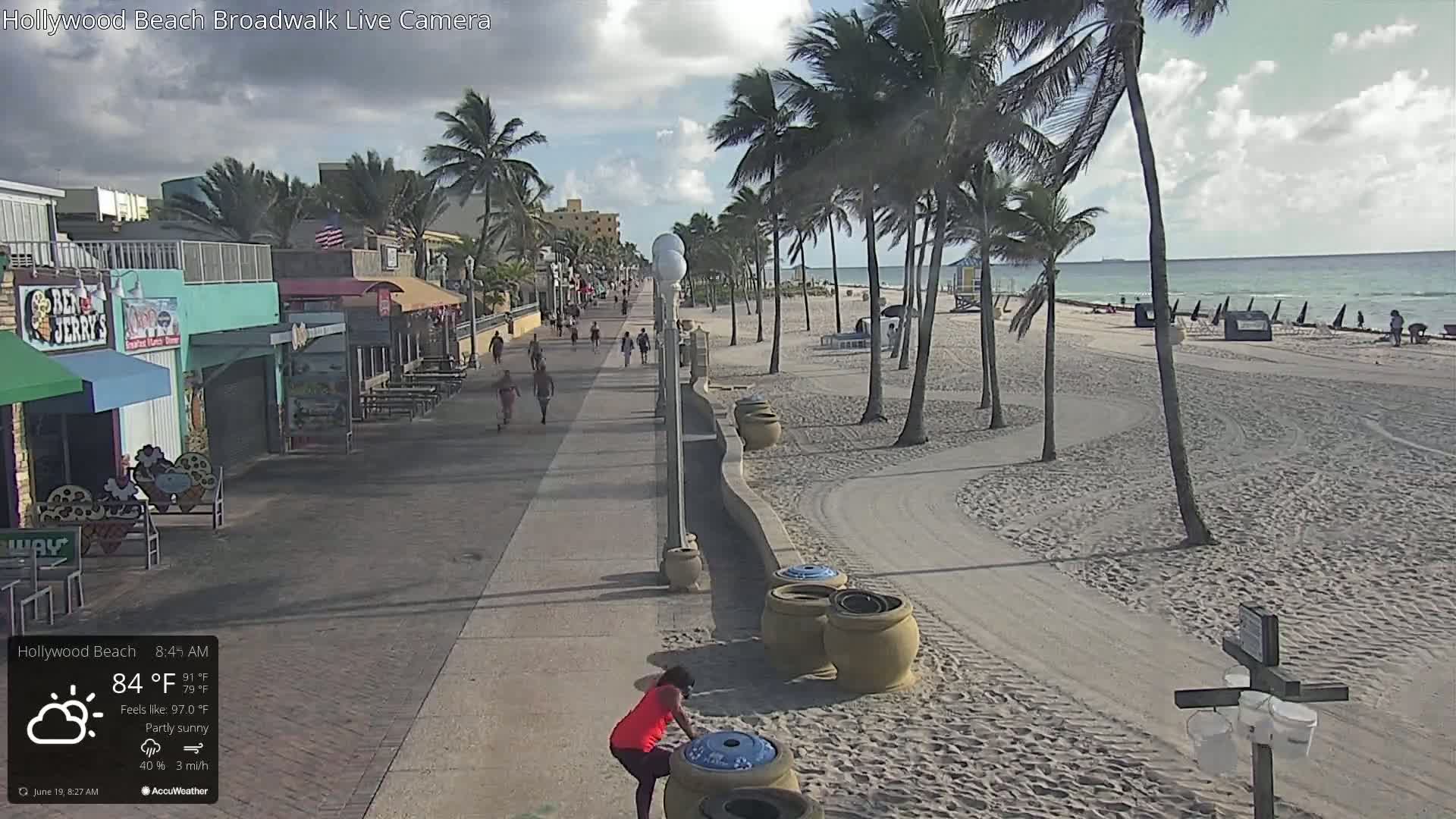 A partly sunny beach scene shows a boardwalk with people walking, palm trees lining the sand, and the ocean in the background.