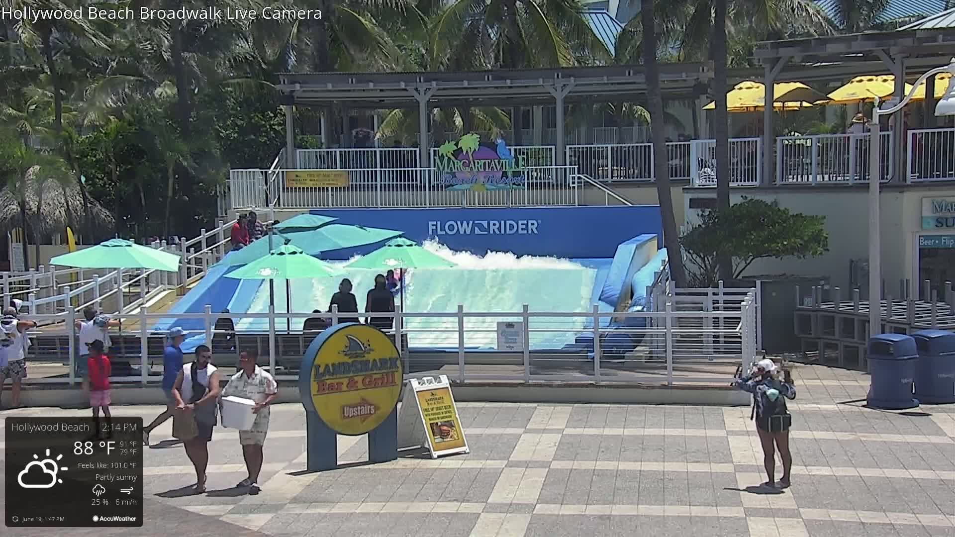 Under partly sunny skies, people relax around a FlowRider surfing attraction at a beachfront location.