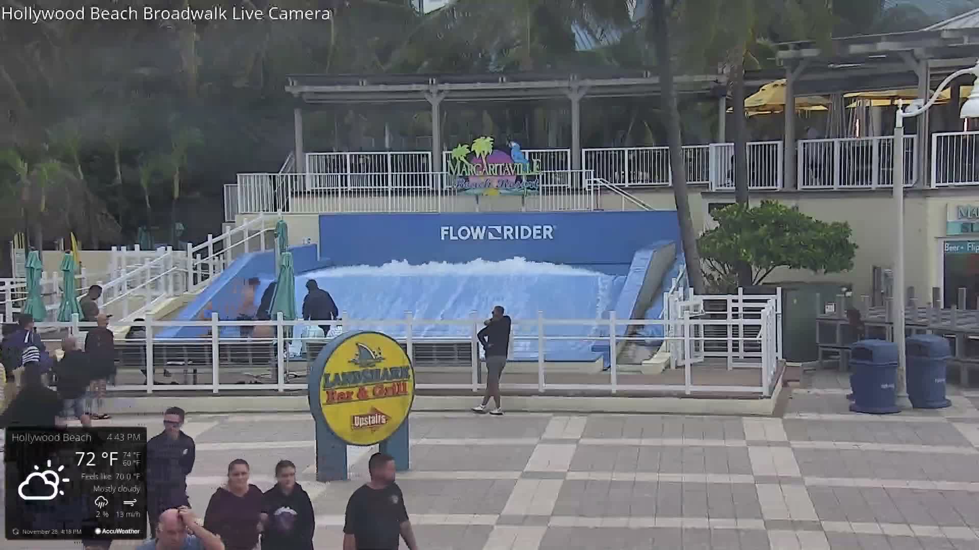 An outdoor wave simulator with a continuous sheet of water is the focal point of a bustling plaza where people watch and walk, set amidst tropical trees and resort architecture, under mostly cloudy skies with a temperature of 72°F.