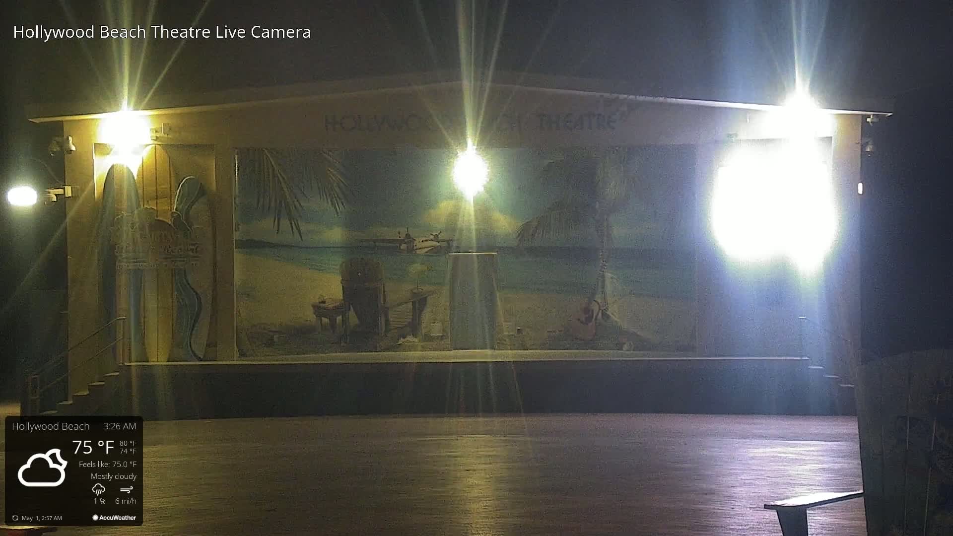 A mostly cloudy night scene shows an outdoor stage with a beach-themed backdrop, brightly lit by several lights.