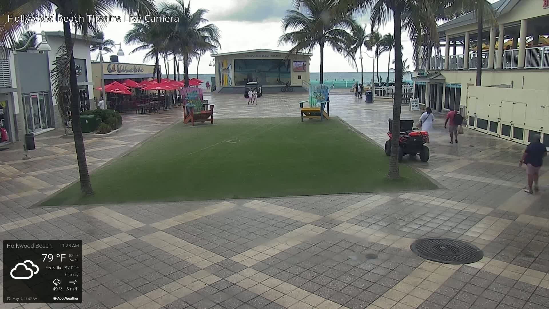 A mostly sunny outdoor plaza with a stage, palm trees, and several people walking, under cloudy skies.