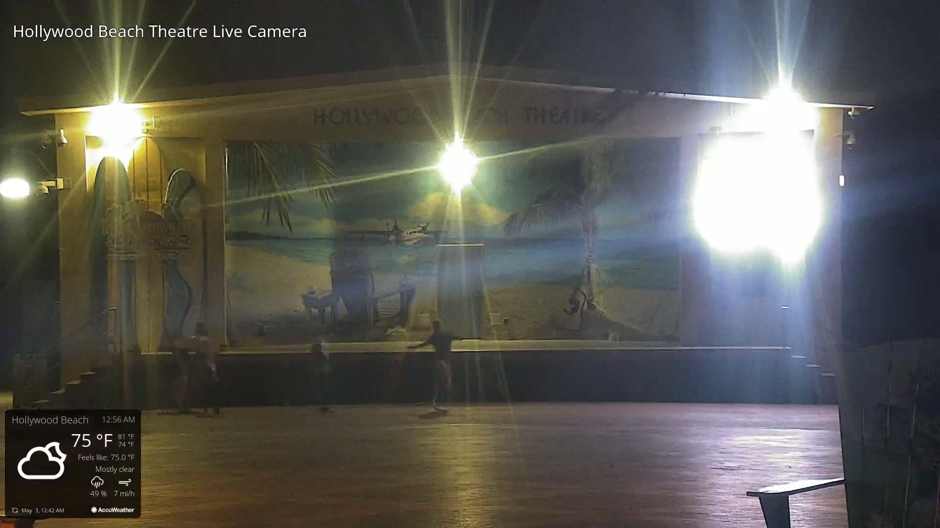 An empty outdoor stage at night, mostly clear, with several people near the stage and a beach scene backdrop.