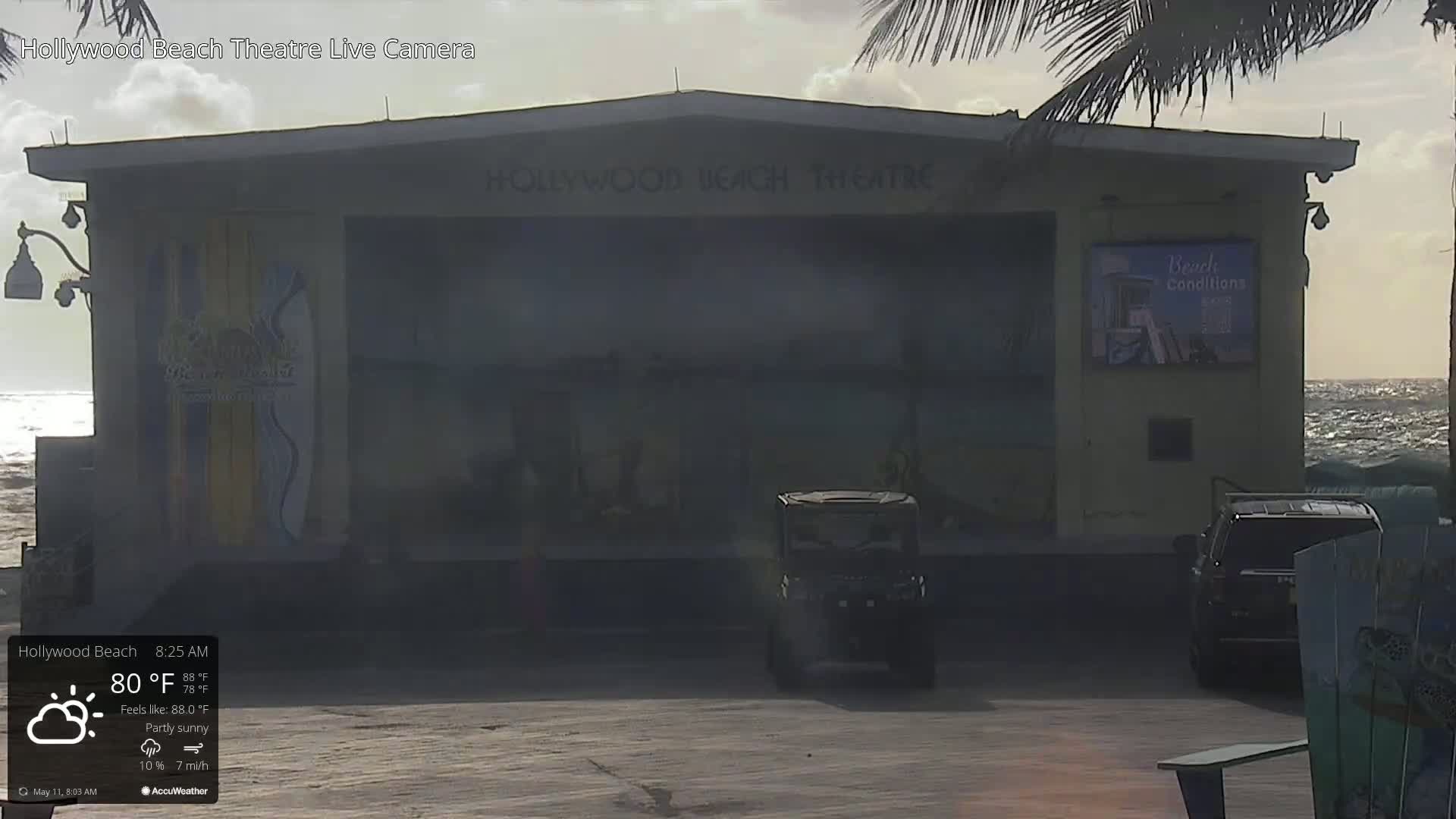 A partly sunny beach scene with a small building, a golf cart, and a vehicle parked in front of it, under a mostly cloudy sky.