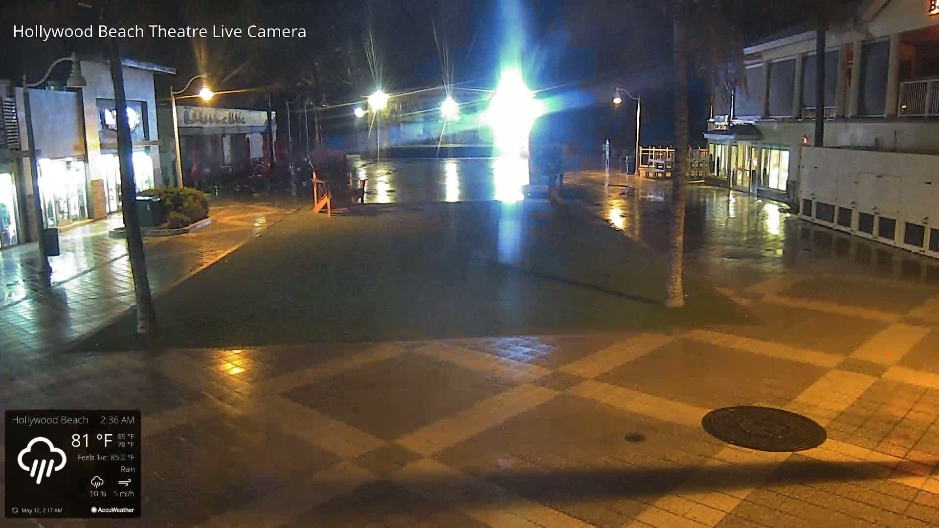 A rain-slicked plaza at night, illuminated by streetlights, shows a few pedestrians near buildings.