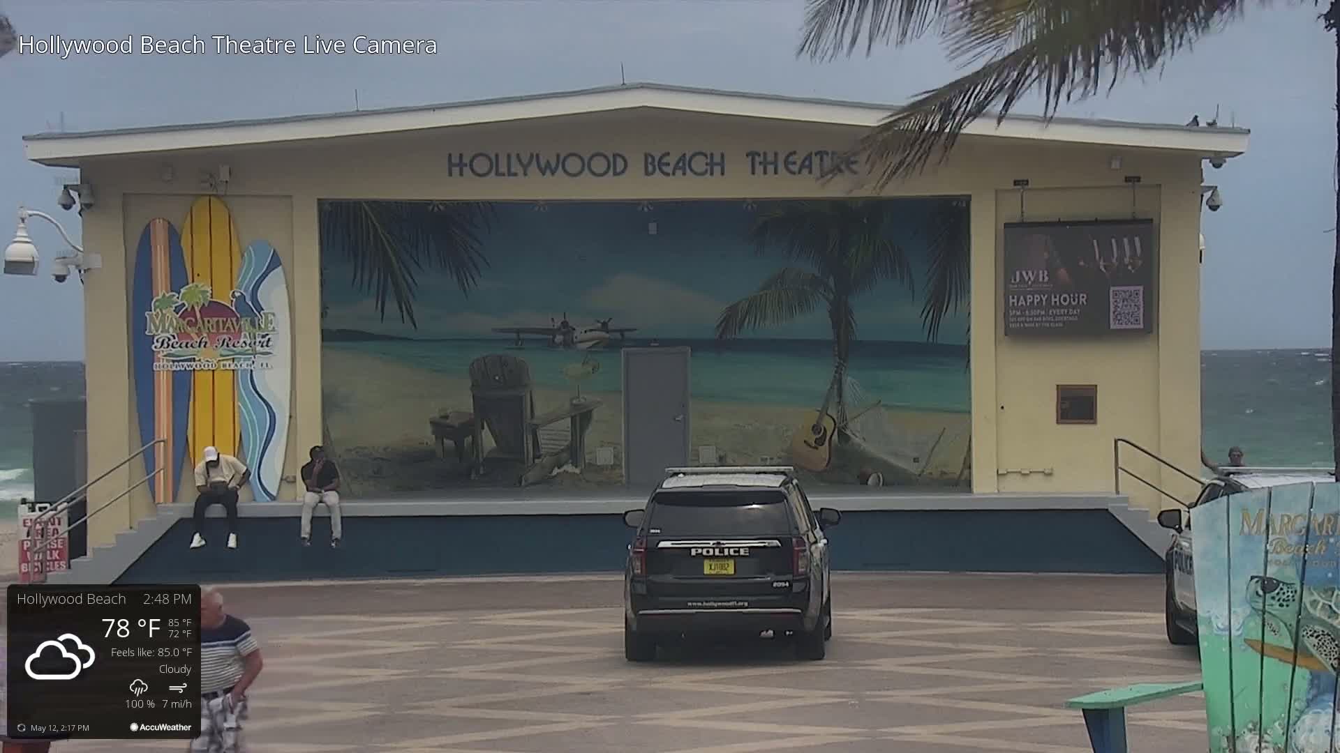 A cloudy beach scene shows a beachfront stage with a mural, a few people sitting, and a police car parked in front of it.