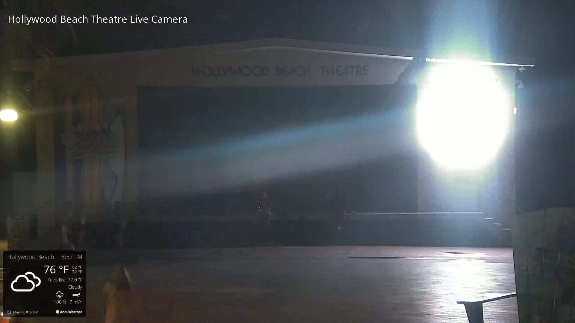 A brightly lit outdoor stage at night under cloudy skies is mostly empty except for a few people near the stage.
