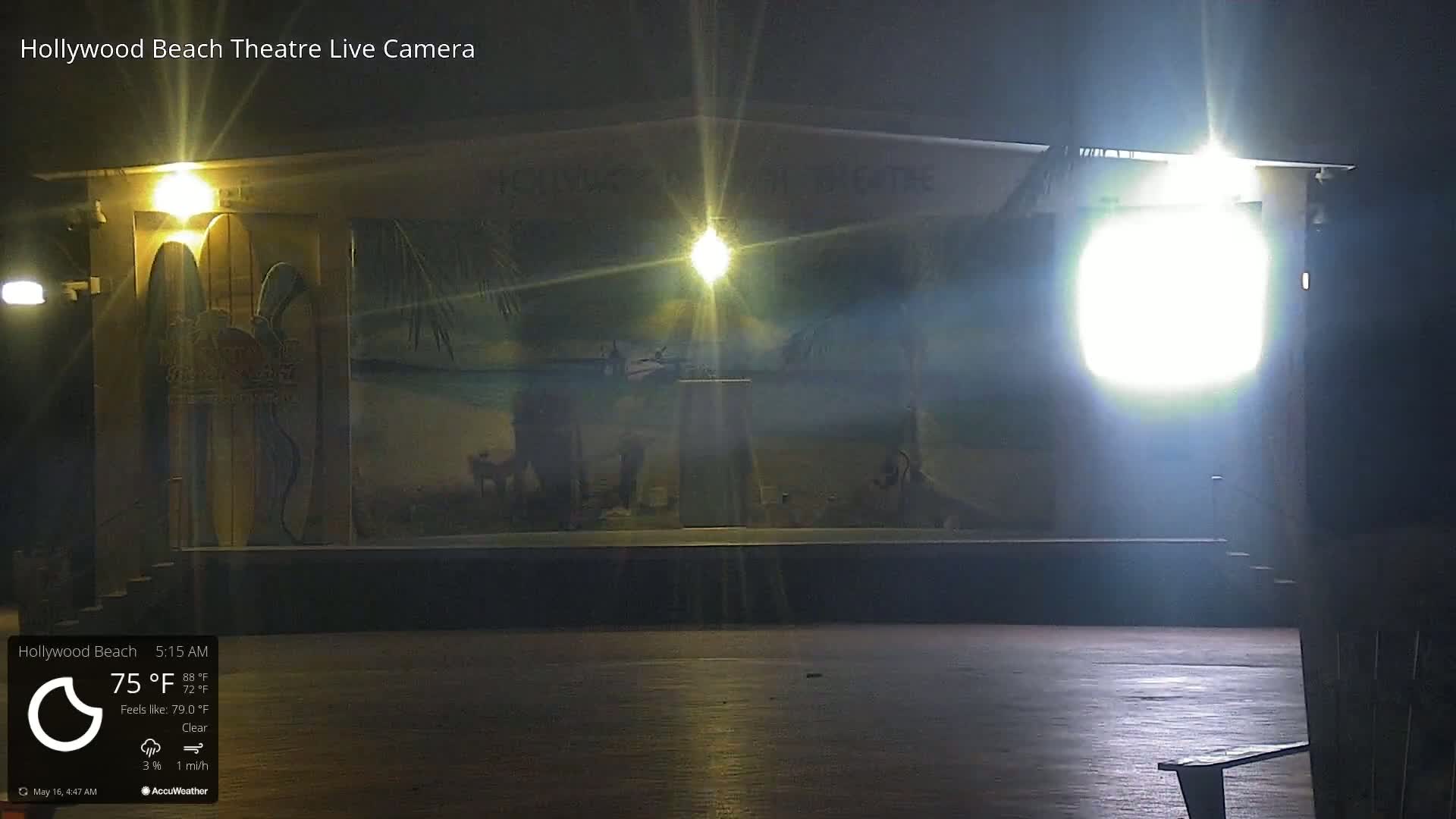 An empty outdoor stage with a beach scene mural is illuminated at night under clear skies.