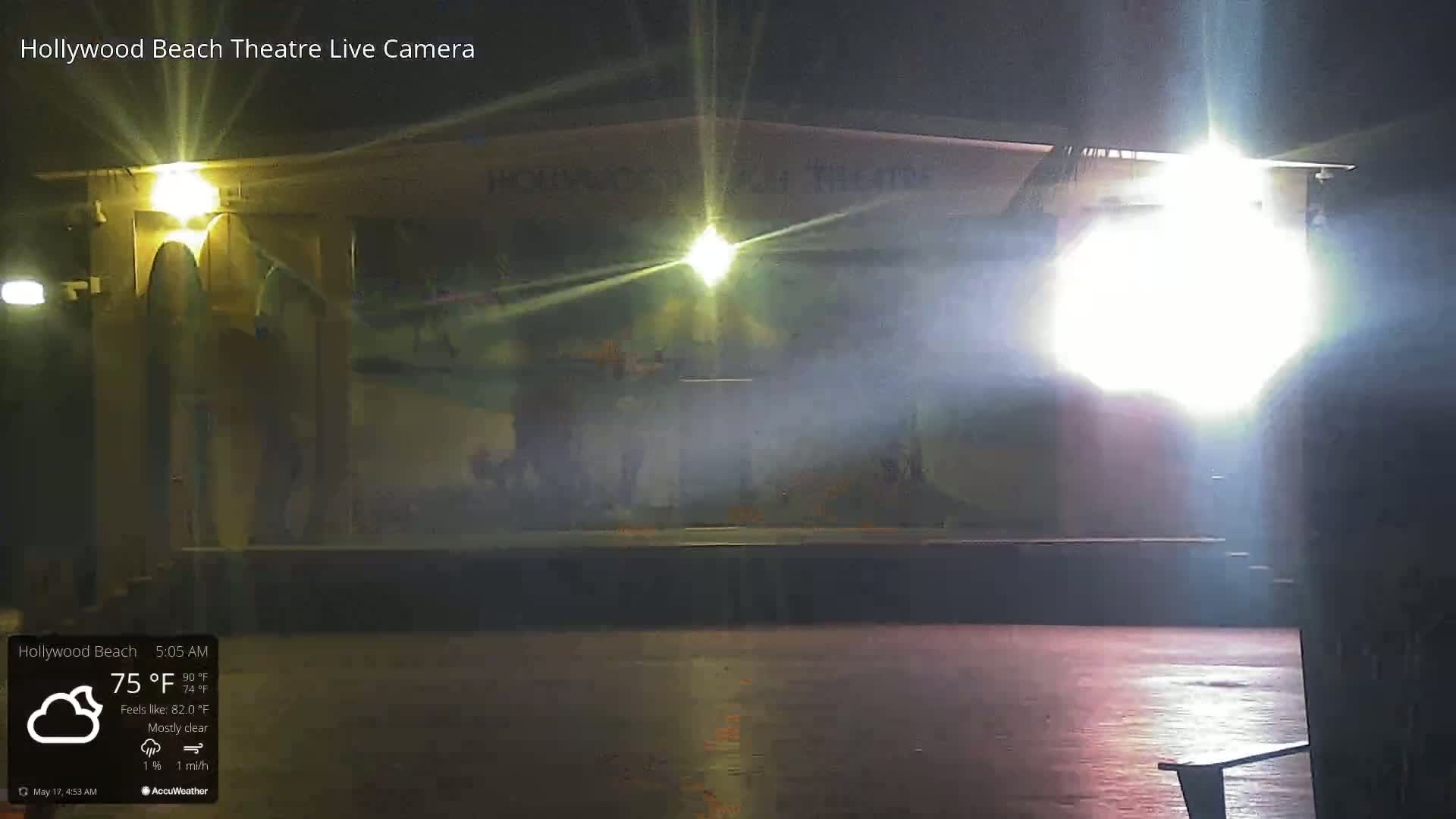 An empty outdoor stage at night is illuminated by bright lights under a mostly clear sky.