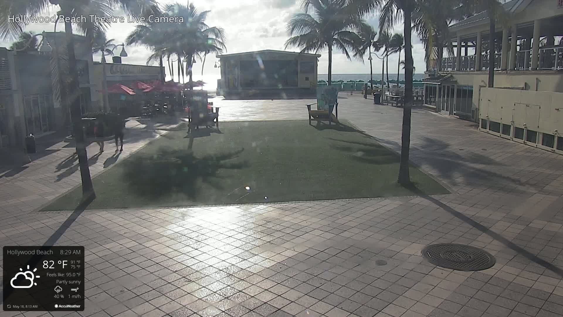 A partly sunny beachfront plaza with palm trees, a stage, and some buildings is visible, with a few people walking.